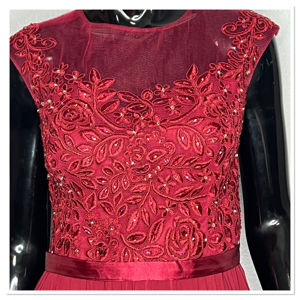 Formal Illusion Sequin, Lace and Chiffon Maxi Gown in Garnet Red - Picture 3 of 13